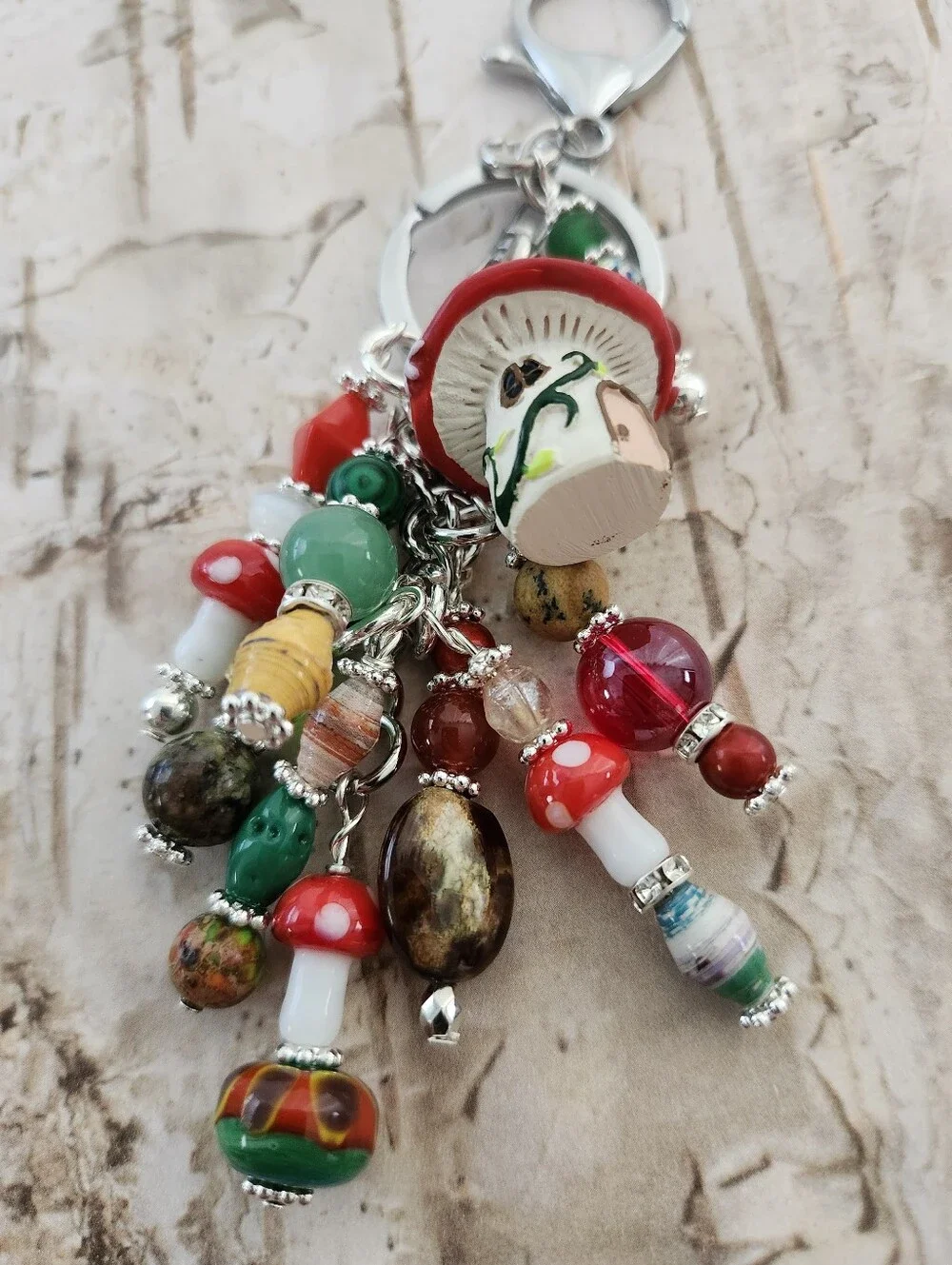 Mushroom Purse Charm or Keychain Aventurine Agate Carnelian Handcrafted